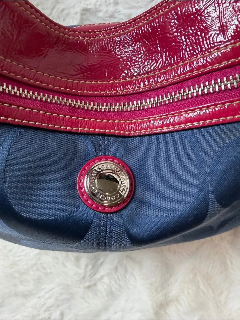 Rare! Y2K Coach Navy Signature Hobo with Pink Leather Trim